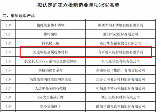 南宫NG28 粉材“先进铜基金属粉体材料”入选工信部第六批制造业单项冠军产品
